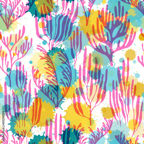 Coral polyps seamless pattern., Ocean depth undersea bottom coral reef flourish.