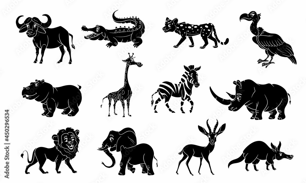 Obraz premium Large set of African animals. Funny characters animals silhouette.
