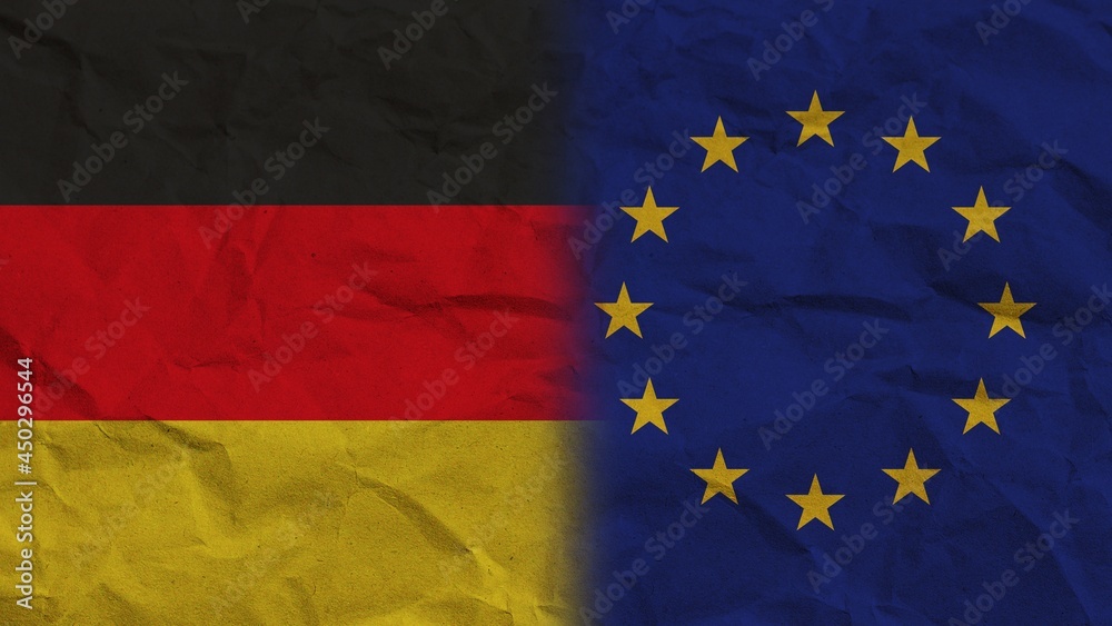 European Union and Germany Flags Together, Crumpled Paper Effect Background 3D Illustration