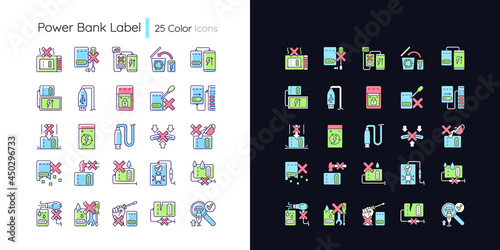 Power bank usage light and dark theme RGB color manual label icons set. Isolated vector illustrations on white and black space. Simple filled line drawings pack for product use instructions