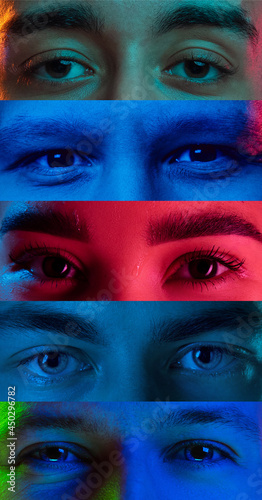 Collage of close-up men's and girl's eyes isolated on colored neon backgorund. Multicolored stripes. Male and female gazes