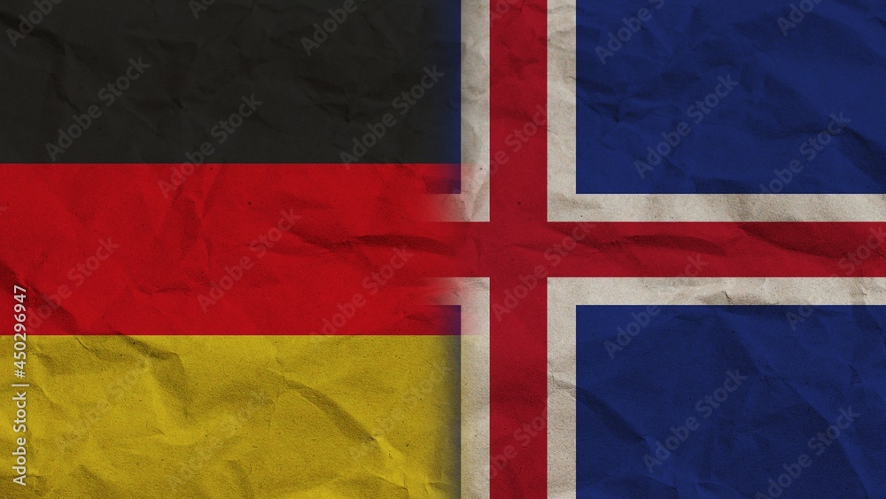 Fototapeta premium Iceland and Germany Flags Together, Crumpled Paper Effect Background 3D Illustration