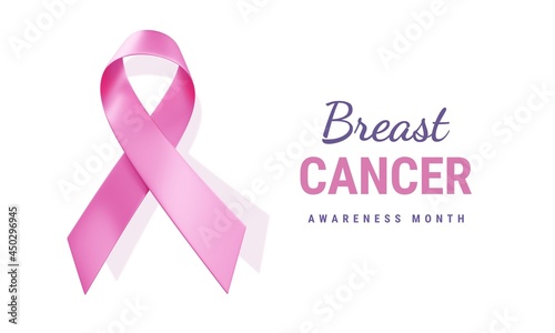 3d illustration of Pink Realistic Ribbon with curl. Symbol of Breast Cancer Awareness Month Campaign with Text on White Color Background
