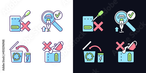 Portable charger guide light and dark theme RGB color manual label icons set. Isolated vector illustrations on white and black space. Simple filled line drawings pack for product use instructions