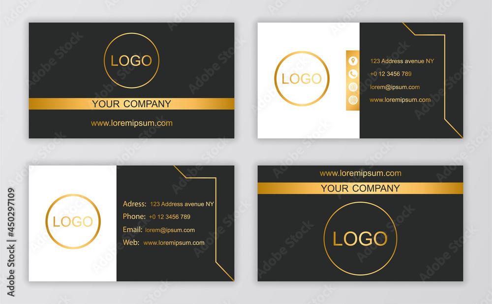 Set of different business card designs with icons on grey background. Collection of simple minimalistic business cards for a business company. Flat cartoon vector illustration