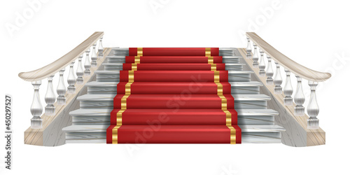 Vector palace staircase illustration, classic house stairs front view, red carpet, marble balustrade. Vintage architecture interior element, baroque theatre entrance. Palace, mansion old staircase