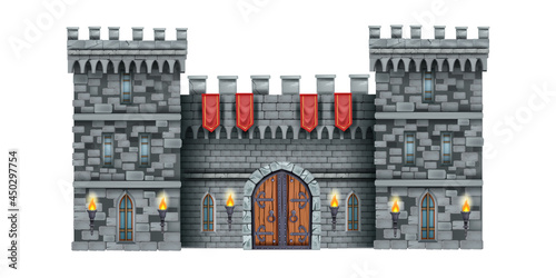 Fényképezés Stone castle wall vector background, medieval brick gate, old town entrance, wooden ancient door