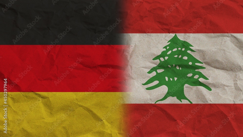Lebanon and Germany Flags Together, Crumpled Paper Effect Background 3D Illustration