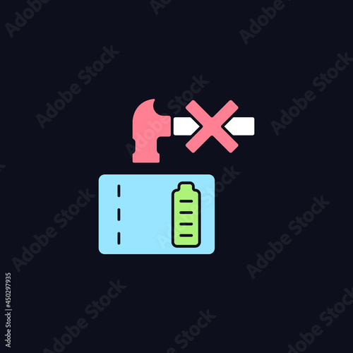 Dont crush powerbank RGB color manual label icon for dark theme. E-waste. Isolated vector illustration on night mode background. Simple filled line drawing on black for product use instructions