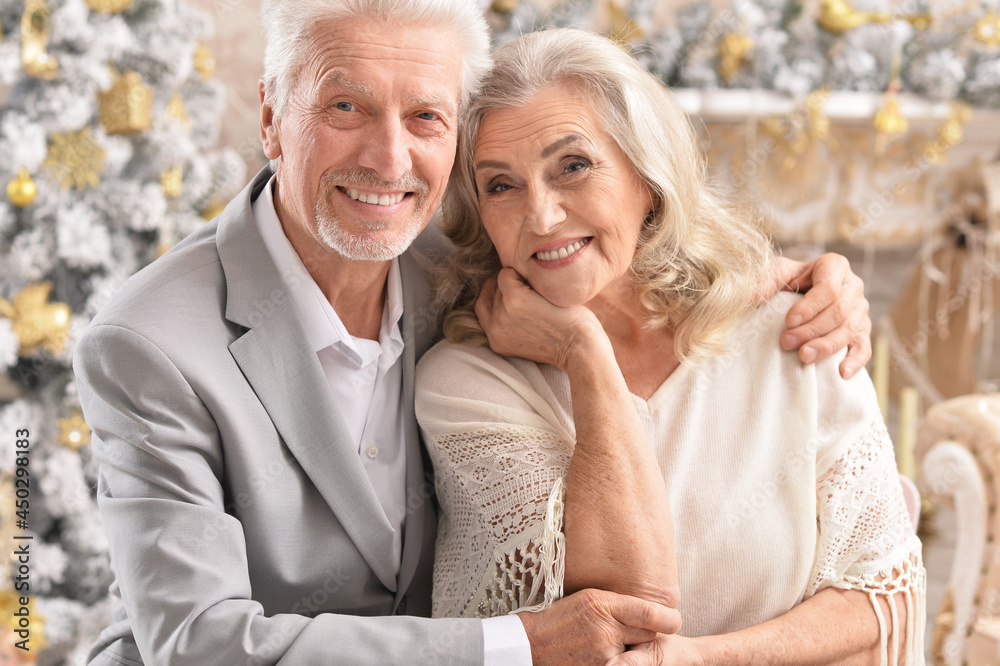 hugging senior couple with blurred Christmas decorations hugging senior couple with blurred Christmas decorations