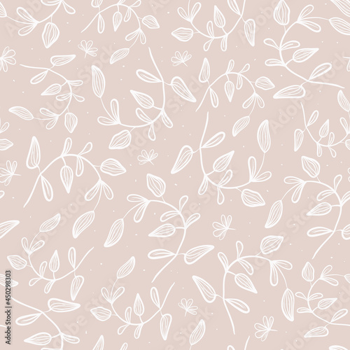Vector seamless foliage pattern. Doodle twigs and stems with leaves, flower buds on a beige background.