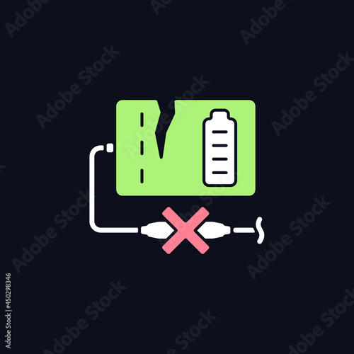 Dont use powerbank if damaged RGB color manual label icon for dark theme. Isolated vector illustration on night mode background. Simple filled line drawing on black for product use instructions