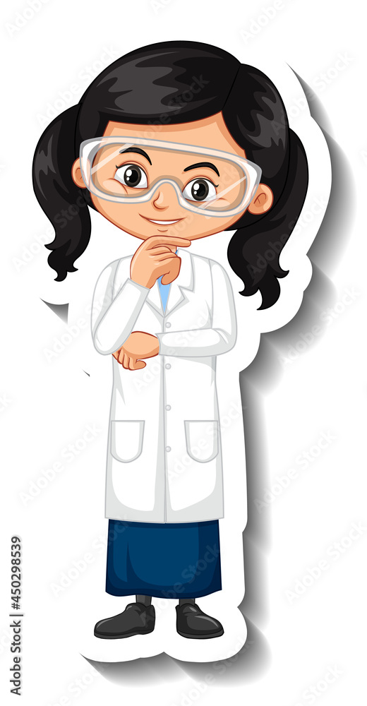 Cartoon character sticker with a girl in science gown