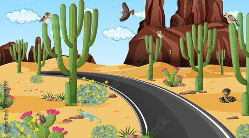 Road through the desert forest landscape scene with desert animals
