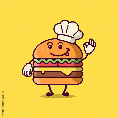 Cute burger cartoon character wearing chef hat vector