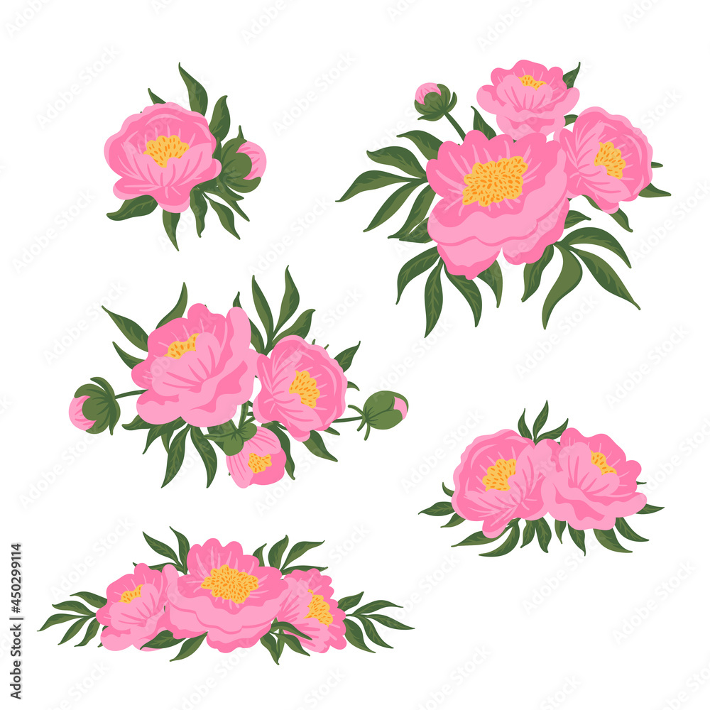 Set of flower compositions. Pink peonies with green leaves. Vector romantic garden illustration. Botanical collection for wedding invitation, patterns, wallpapers, fabric, wrapping Set of flower compositions. Pink peonies with green leaves. Vector romantic garden illustration. Botanical collection for wedding invitation, patterns, wallpapers, fabric, wrapping