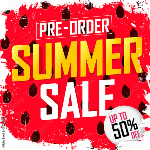 Pre-Order Summer Sale, up to 50% off, discount poster design template, promo shopping banner