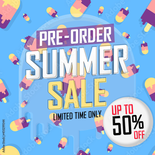 Pre-Order Summer Sale, up to 50% off, discount poster design template, promo shopping banner