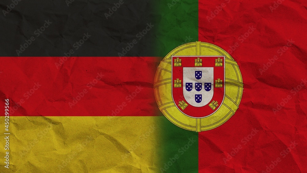 Fototapeta premium Portugal and Germany Flags Together, Crumpled Paper Effect Background 3D Illustration