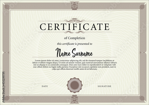Certificate or diploma template in classic style. Certificate of complection of training.