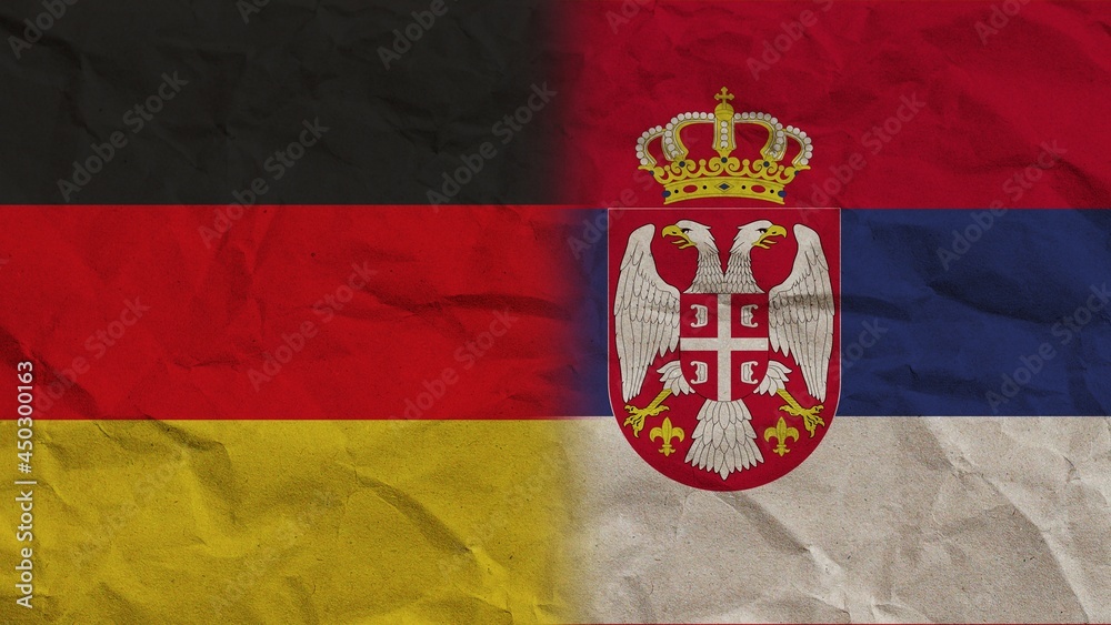 Serbia and Germany Flags Together, Crumpled Paper Effect Background 3D Illustration