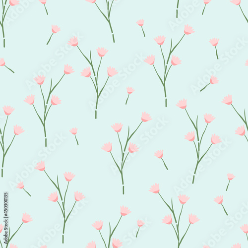 Seamless pattern with pink flowers on green background vector illustration.