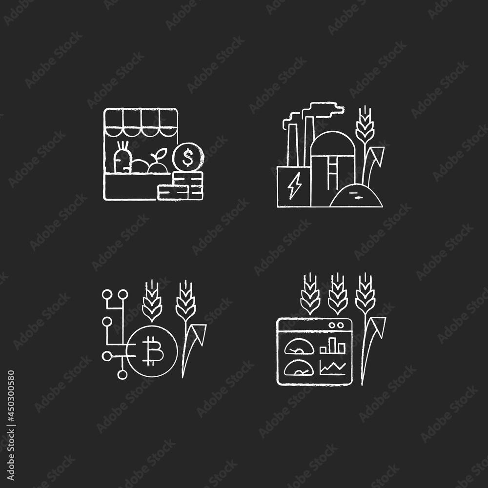Agricultural innovations chalk white icons set on dark background. Goods production and sale. Alternative payment option. Sell vegetables and fruits. Isolated vector chalkboard illustrations on black Agricultural innovations chalk white icons set on dark background. Goods production and sale. Alternative payment option. Sell vegetables and fruits. Isolated vector chalkboard illustrations on black