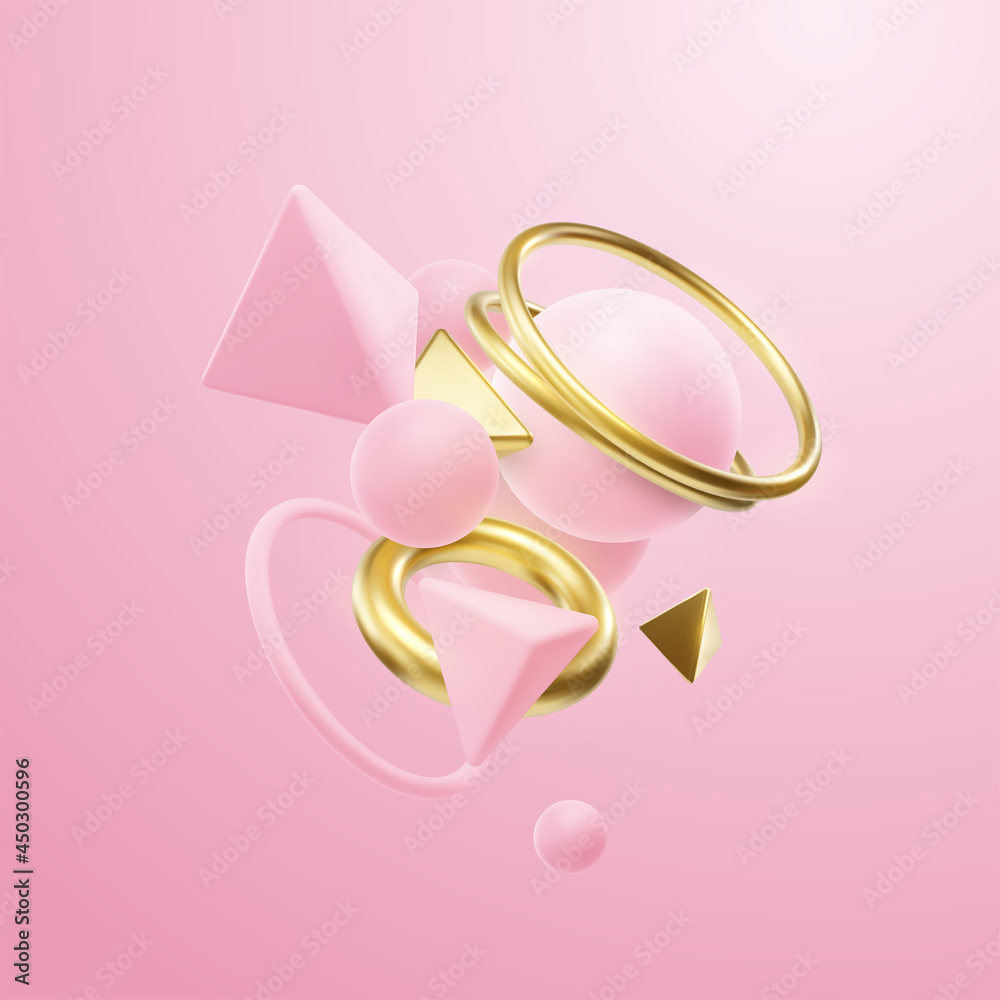 Pink and golden geometric shapes cluster. Abstract elegant composition