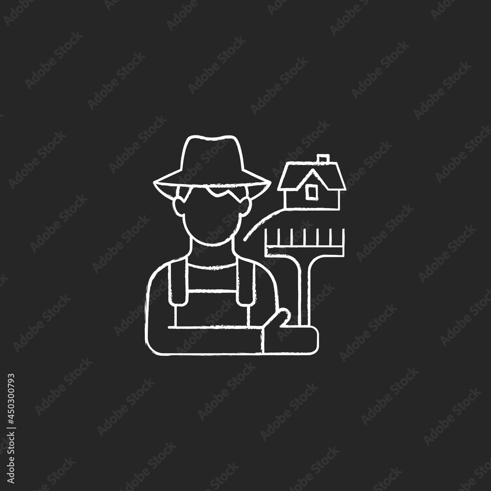 Rural workers chalk white icon on dark background. Man stands near barn. Labourer with tool. Rural area life. Farmer in village. Grow and produce food. Isolated vector chalkboard illustration on black Rural workers chalk white icon on dark background. Man stands near barn. Labourer with tool. Rural area life. Farmer in village. Grow and produce food. Isolated vector chalkboard illustration on black