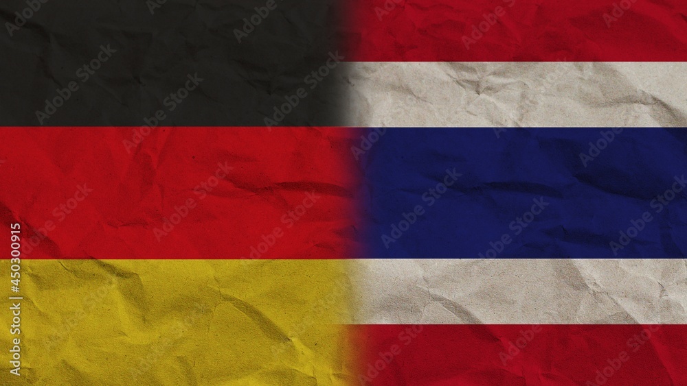 Thailand and Germany Flags Together, Crumpled Paper Effect Background 3D Illustration