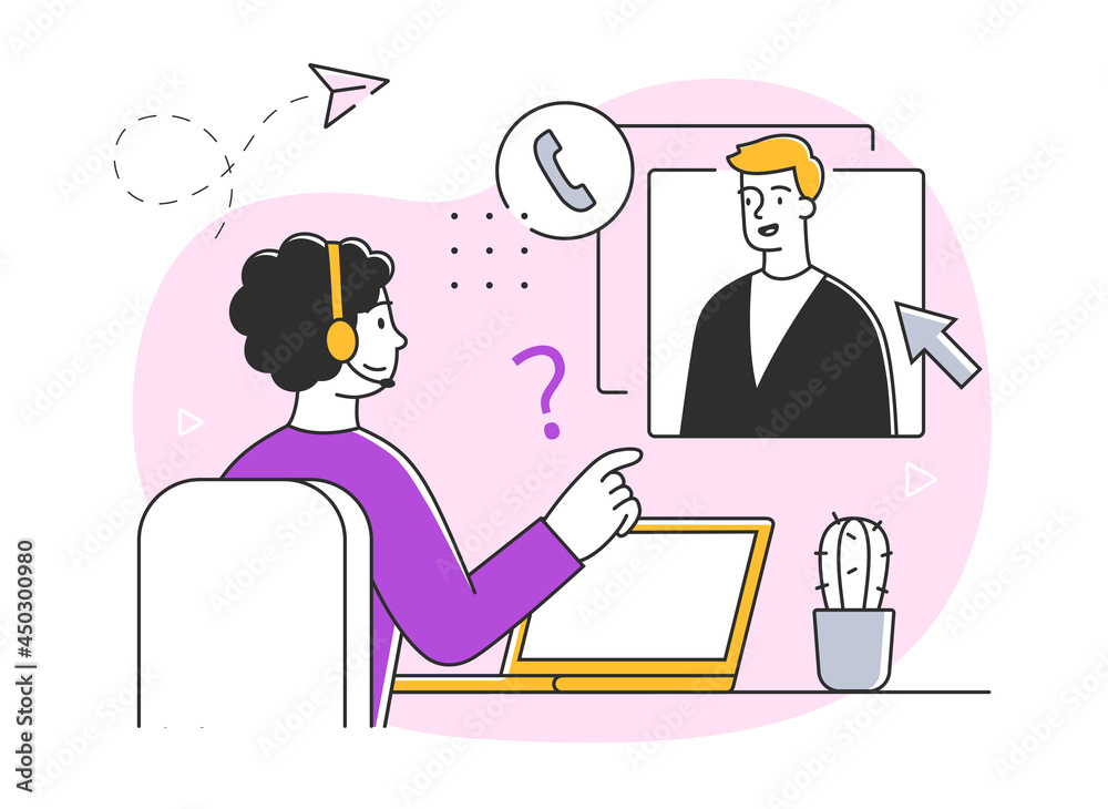 Young male character working in customer support. Collection of scenes at office. Workers taking part in business negotiation, brainstorming, helping clients. Flat cartoon vector illustration Young male character working in customer support. Collection of scenes at office. Workers taking part in business negotiation, brainstorming, helping clients. Flat cartoon vector illustration