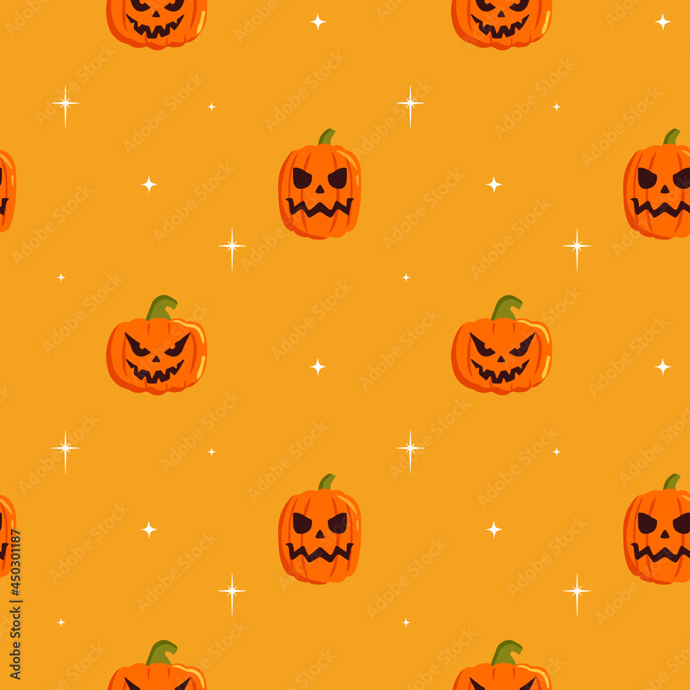 Seamless pattern with cute pumpkin, stars on yellow background. Cartoon flat vector style. Baby texture for fabric, wrapping, textile, wallpaper, clothing, greeting cards. Seamless pattern with cute pumpkin, stars on yellow background. Cartoon flat vector style. Baby texture for fabric, wrapping, textile, wallpaper, clothing, greeting cards.