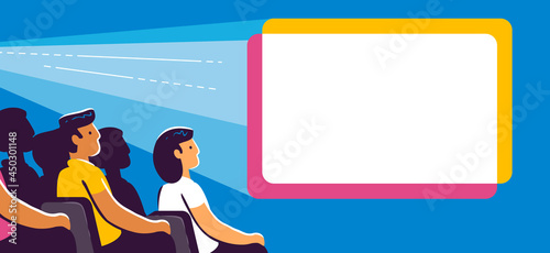 Business presentation in front of the audience at the conference. Corporate seminar flat vector illustration