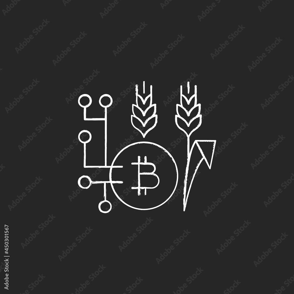 Blockchain technology in agriculture chalk white icon on dark background. Innovative payment. Digital currency usage in farming. Smart agriculture. Isolated vector chalkboard illustration on black