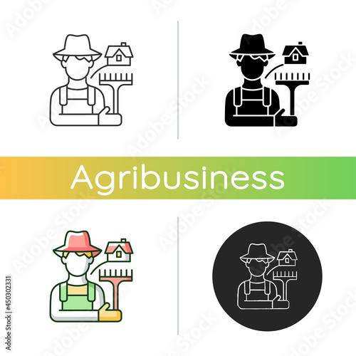 Rural workers icon. Man stands near barn. Labourer with tool. Rural area life. Farmer in village. Grow and produce food. Linear black and RGB color styles. Isolated vector illustrations