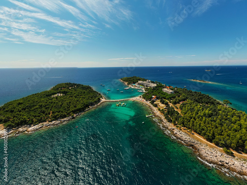 Red island near by Rovinj city in Croatia. Croatian name is Otocic Maskin. It has a hotel, aquapark, chruch monument and amazing beaches
