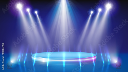 Spotlight backdrop. Illuminated blue stage podium. Background for displaying products. Bright beams of spotlights. Spot of light. Vector illustration
