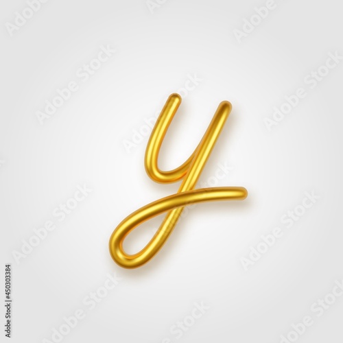 Gold 3d realistic lowercase letter Y on a light background.