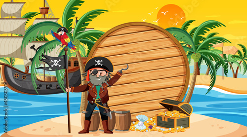Empty banner template with pirate captain at the beach sunset scene