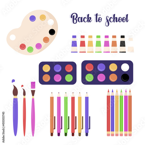 Back to school collection. Brushes, pens, pencils, palette of paints, paints in tubes, palette, strokes. School supplies. Creativity. Colorful. Vector illustration 8 eps