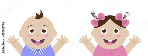 Girl and boy. Pink dress. Blue t-shirt. Cute little children. Kids. Vector illustration 8 eps