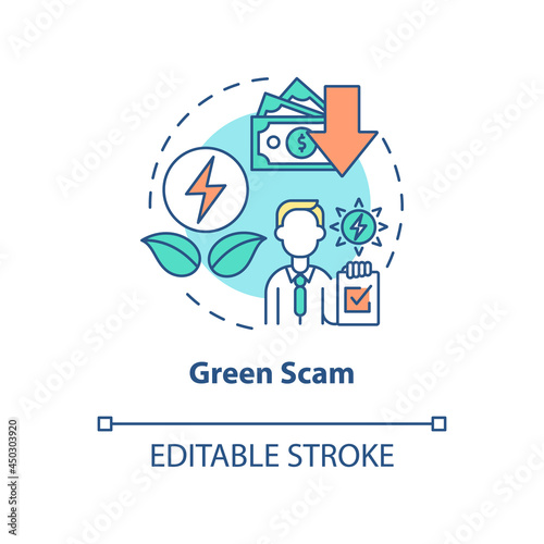 Green scam concept icon. Renewable energy. Money losing risks. Secure financial investment in green energy abstract idea thin line illustration. Vector isolated outline color drawing. Editable stroke