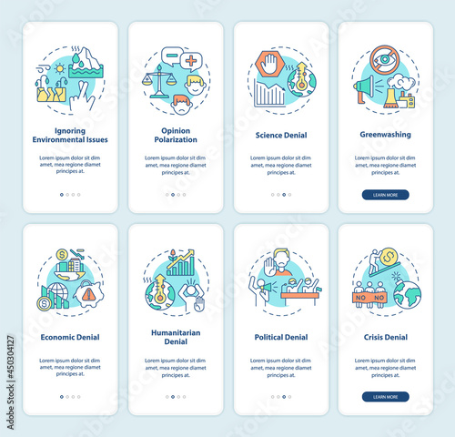 Climate skepticism and conspiracy onboarding mobile app page screen set. Green sheen walkthrough 4 steps graphic instructions with concepts. UI, UX, GUI vector template with linear color illustrations