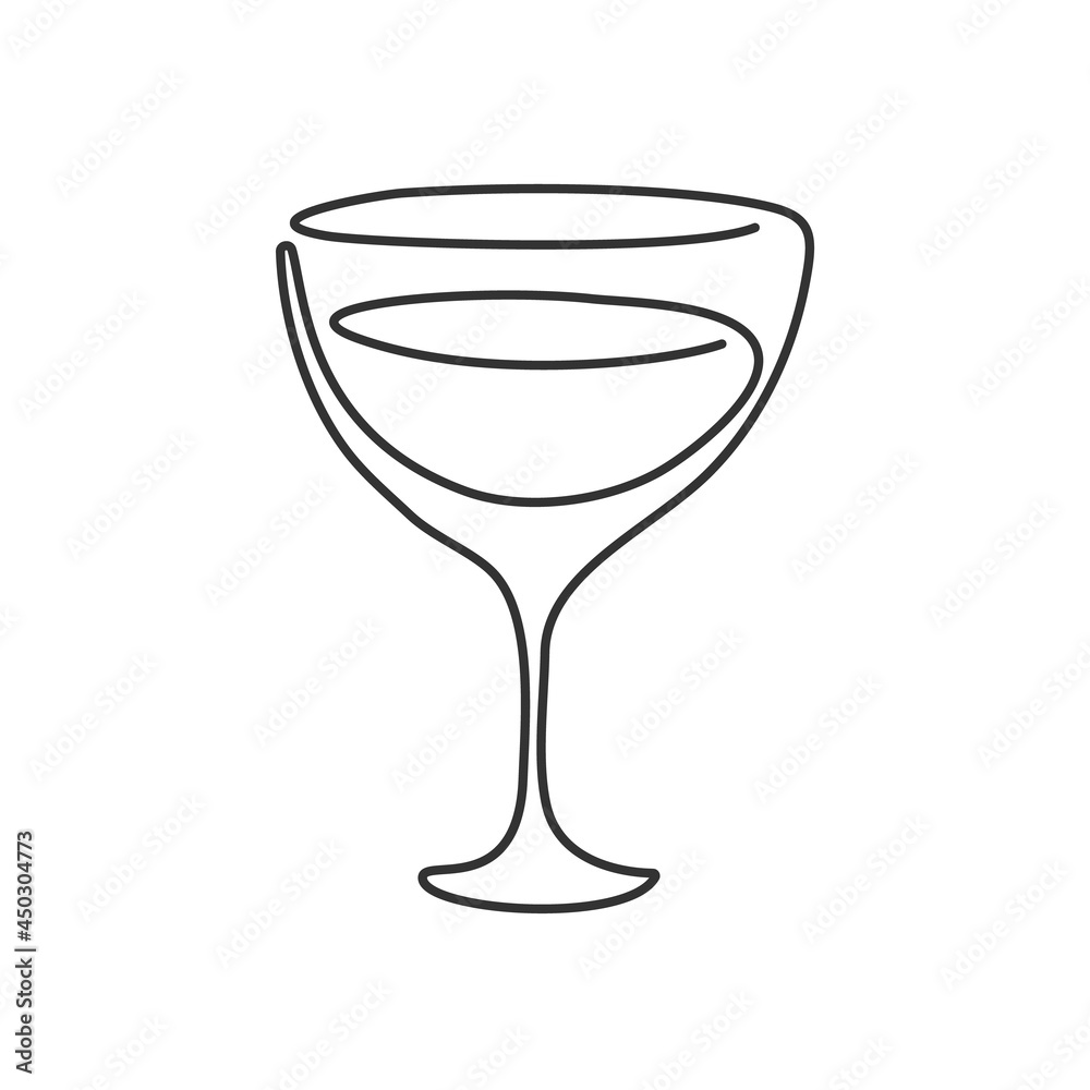 One line drawing vermouth or martini glass on white background. Wine. Cartoon graphic sketch for celebration design. Continuous line way. Hand drawn party drinks concept. Freehand drawing style One line drawing vermouth or martini glass on white background. Wine. Cartoon graphic sketch for celebration design. Continuous line way. Hand drawn party drinks concept. Freehand drawing style