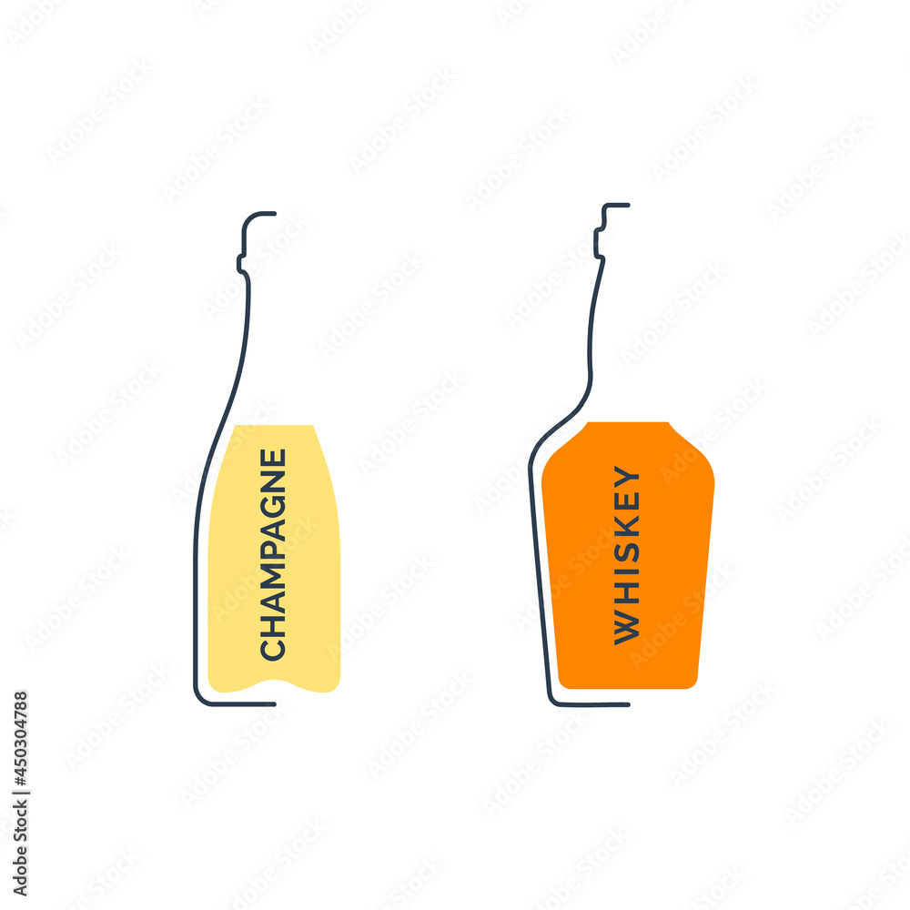 Bottle champagne and whiskey in linear style on white background. Black thin outline in the form of a contour shadow and red fill. Modern flat style. Logo element illustration. Circuit drink symbol Bottle champagne and whiskey in linear style on white background. Black thin outline in the form of a contour shadow and red fill. Modern flat style. Logo element illustration. Circuit drink symbol