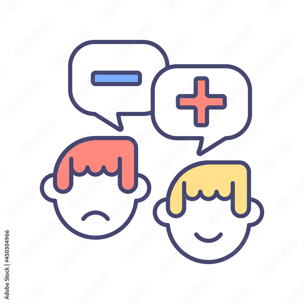 Polarization opinion RGB color icon. Positive and negative mind. Climate change and global warming issues. Agreement and denial. Pros and cons. Isolated vector illustration. Simple filled line drawing Polarization opinion RGB color icon. Positive and negative mind. Climate change and global warming issues. Agreement and denial. Pros and cons. Isolated vector illustration. Simple filled line drawing