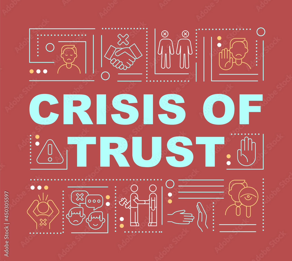Crisis of trust and global scam word concepts banner. Climate issues. Infographics with linear icons on red background. Isolated creative typography. Vector outline color illustration with text