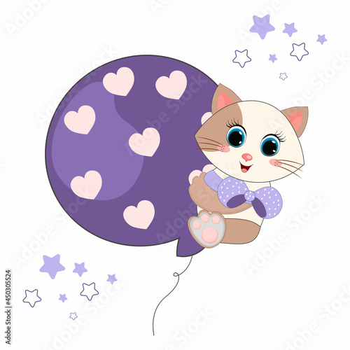 Cute Cartoon little cat floating with big balloon vector illustration. Perfect for greeting cards, party invitations, posters, stickers, pin, scrapbooking, icons.