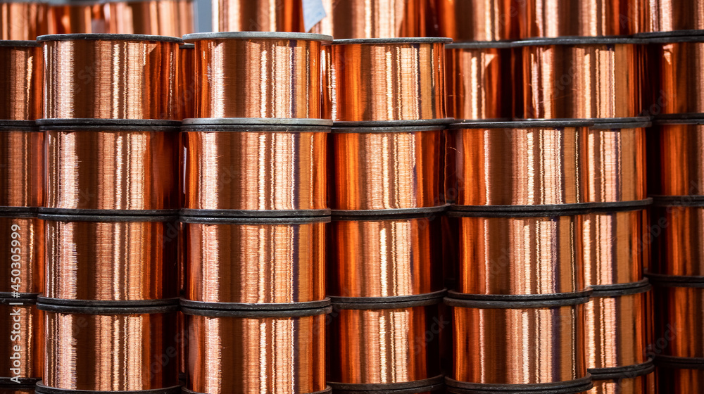 Copper wire cable production in coils, metal steel industrial plant Copper wire cable production in coils, metal steel industrial plant