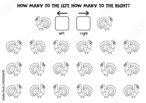 Left or right with black and white turkey. Logical worksheet for preschoolers.